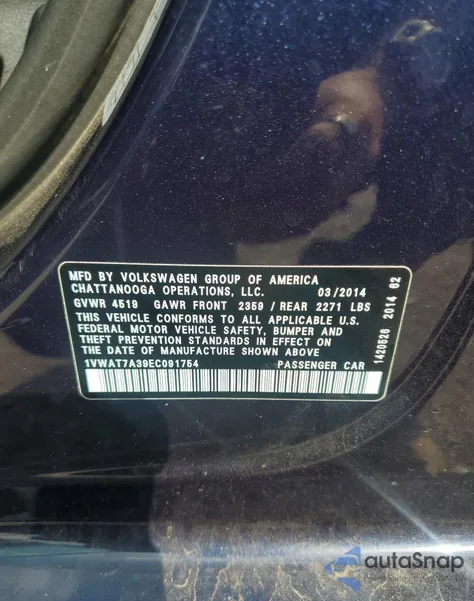 2014 Volkswagen Passat S z USA, uszkodzony, nr VIN 1VWAT7A39EC091754